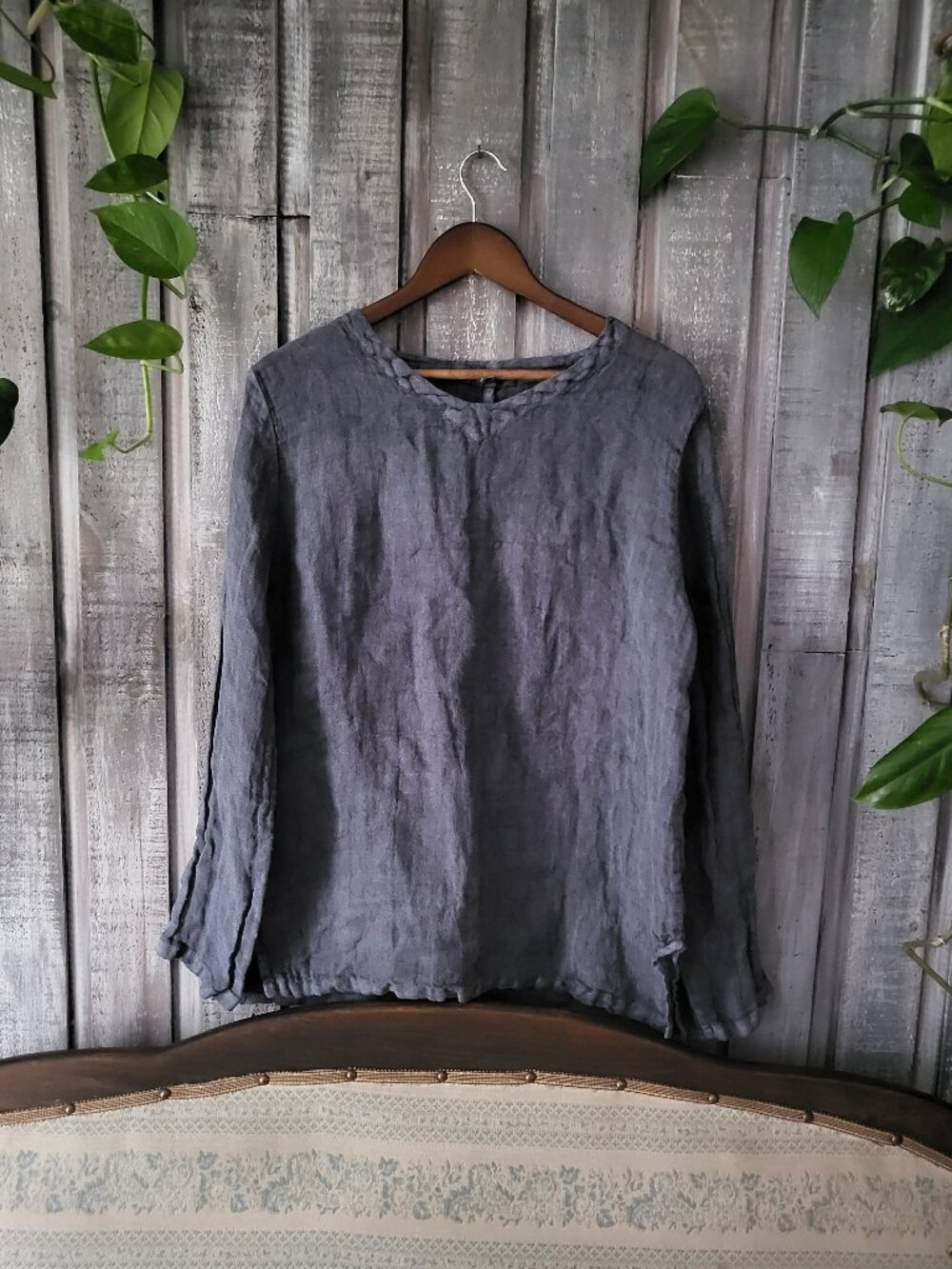 100% Linen Gauze Braided V Neck Top Long Sleeves Raw Seams Blue-Grey Medium